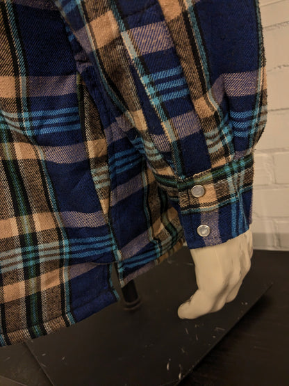 Vintage Wrangler licht gevoerde Flanellen overhemd met drukknopen. Beige Blauw Paars gekleurd. Maat L.