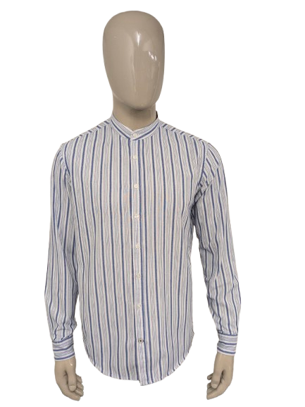 Kronstadt overhemd met boeren- farmer- korte kraag. Blauw Wit gestreept. Maat L.