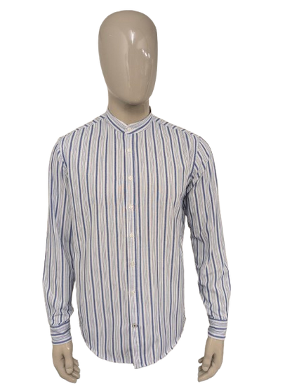 Kronstadt overhemd met boeren- farmer- korte kraag. Blauw Wit gestreept. Maat L.