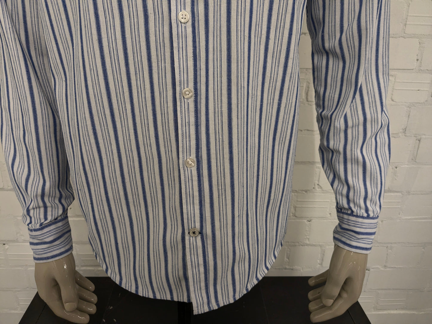 Kronstadt overhemd met boeren- farmer- korte kraag. Blauw Wit gestreept. Maat L.