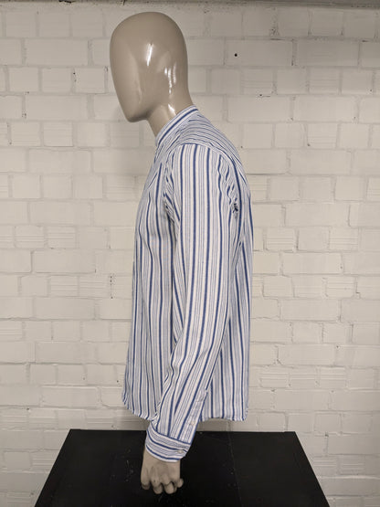 Kronstadt overhemd met boeren- farmer- korte kraag. Blauw Wit gestreept. Maat L.