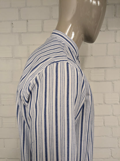 Kronstadt overhemd met boeren- farmer- korte kraag. Blauw Wit gestreept. Maat L.
