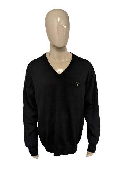 Gant Katoenen casual trui met V-Hals. Zwart gekleurd. Maat 2XL / XXL.