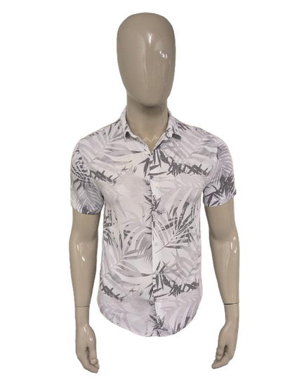 Guess overhemd korte mouw. Wit Grijs planten print. Maat S.