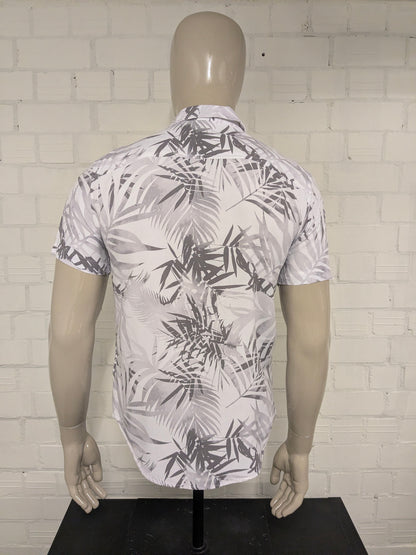 Guess overhemd korte mouw. Wit Grijs planten print. Maat S.