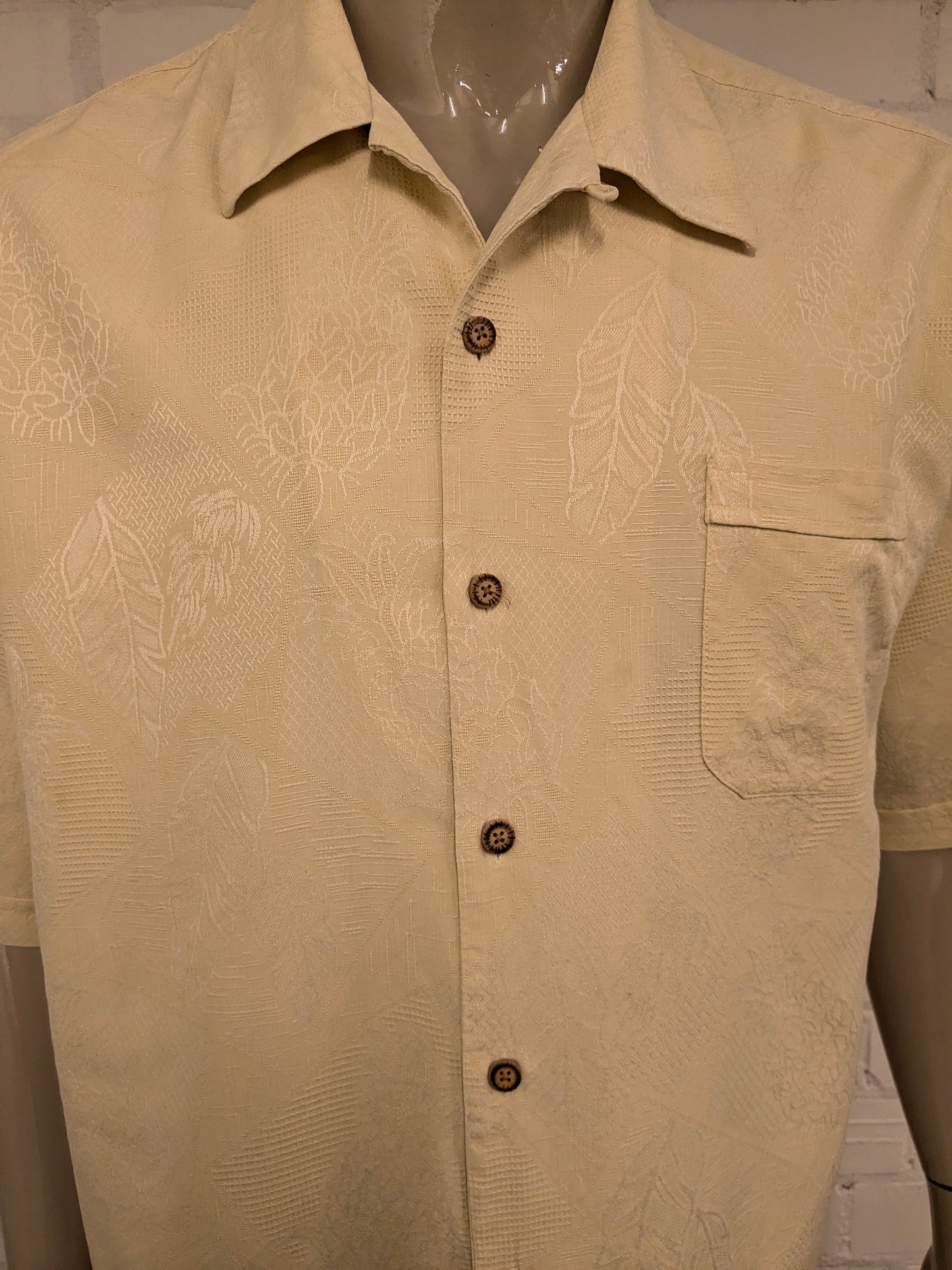 Jamaica Jaxx Zijden Hawaii overhemd korte mouw. Geel Blad / Bloemen motief. Maat 2XL / XXL.