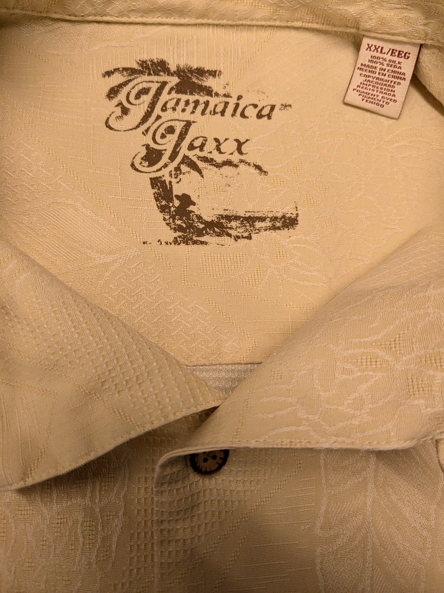 Jamaica Jaxx Zijden Hawaii overhemd korte mouw. Geel Blad / Bloemen motief. Maat 2XL / XXL.