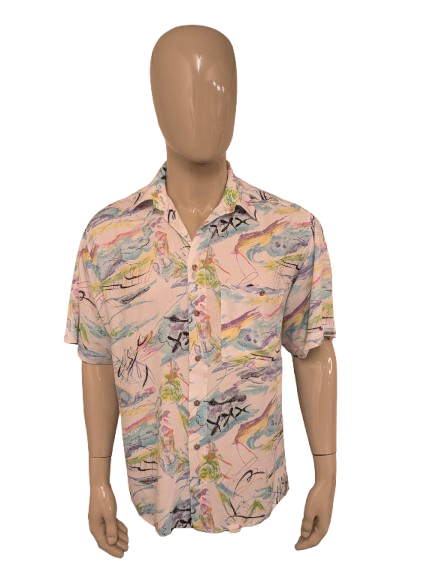 Vintage B.W.Moss overhemd korte mouw. Gekleurde print. Maat XL.