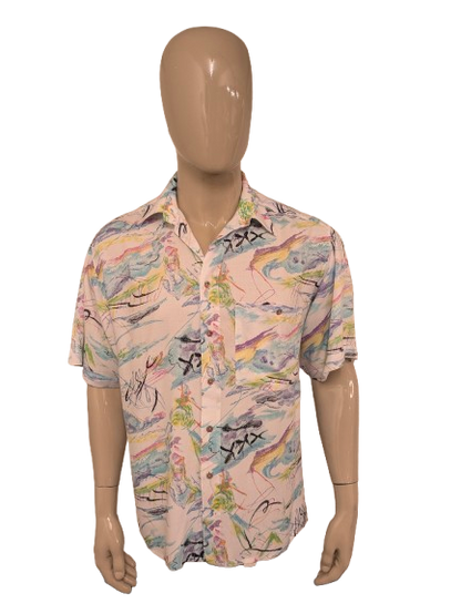 Vintage B.W.Moss overhemd korte mouw. Gekleurde print. Maat XL.