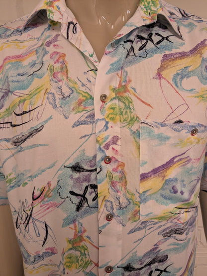 Vintage B.W.Moss overhemd korte mouw. Gekleurde print. Maat XL.