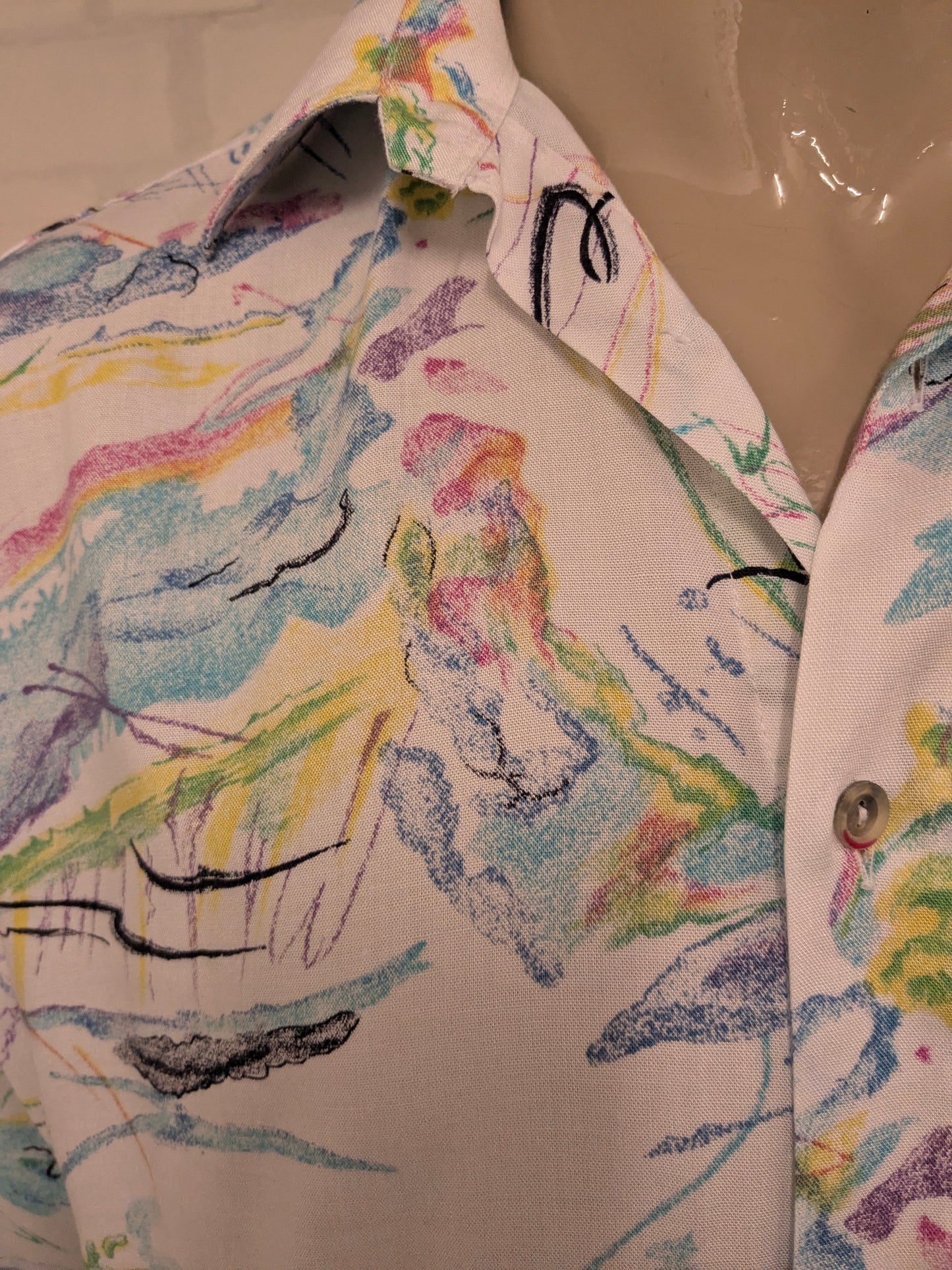 Vintage B.W.Moss overhemd korte mouw. Gekleurde print. Maat XL.