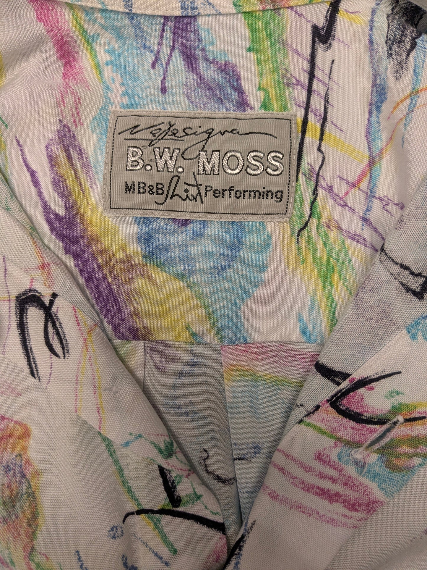 Vintage B.W.Moss overhemd korte mouw. Gekleurde print. Maat XL.