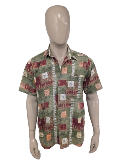 Vintage Marcello overhemd korte mouw. Groen Rood Roze Bruine print. Maat L.