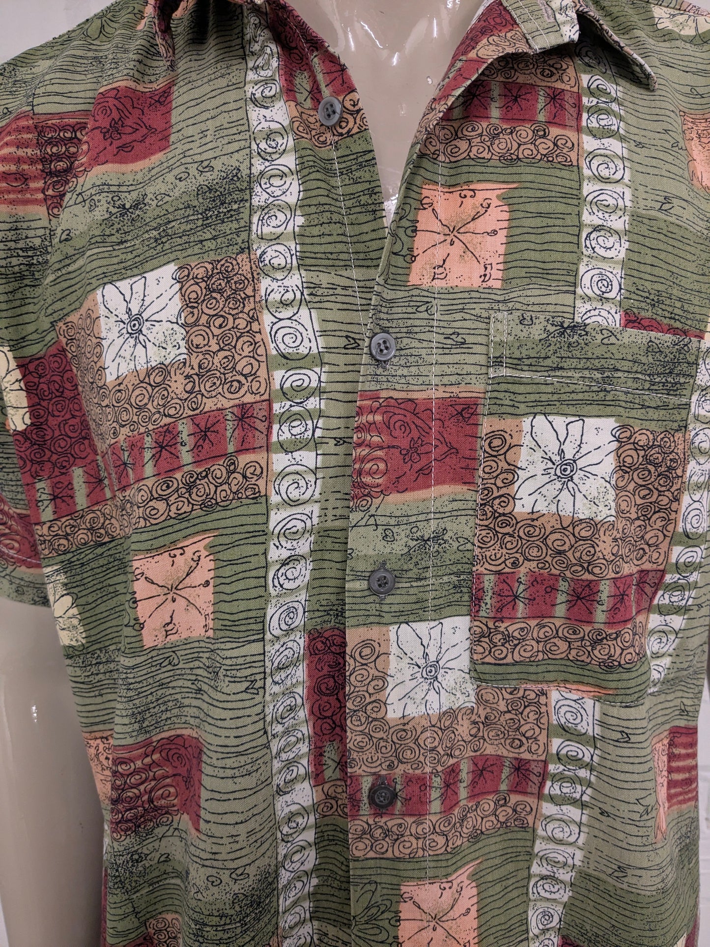 Vintage Marcello overhemd korte mouw. Groen Rood Roze Bruine print. Maat L.