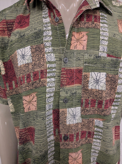 Vintage Marcello overhemd korte mouw. Groen Rood Roze Bruine print. Maat L.