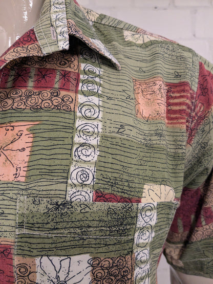 Vintage Marcello overhemd korte mouw. Groen Rood Roze Bruine print. Maat L.