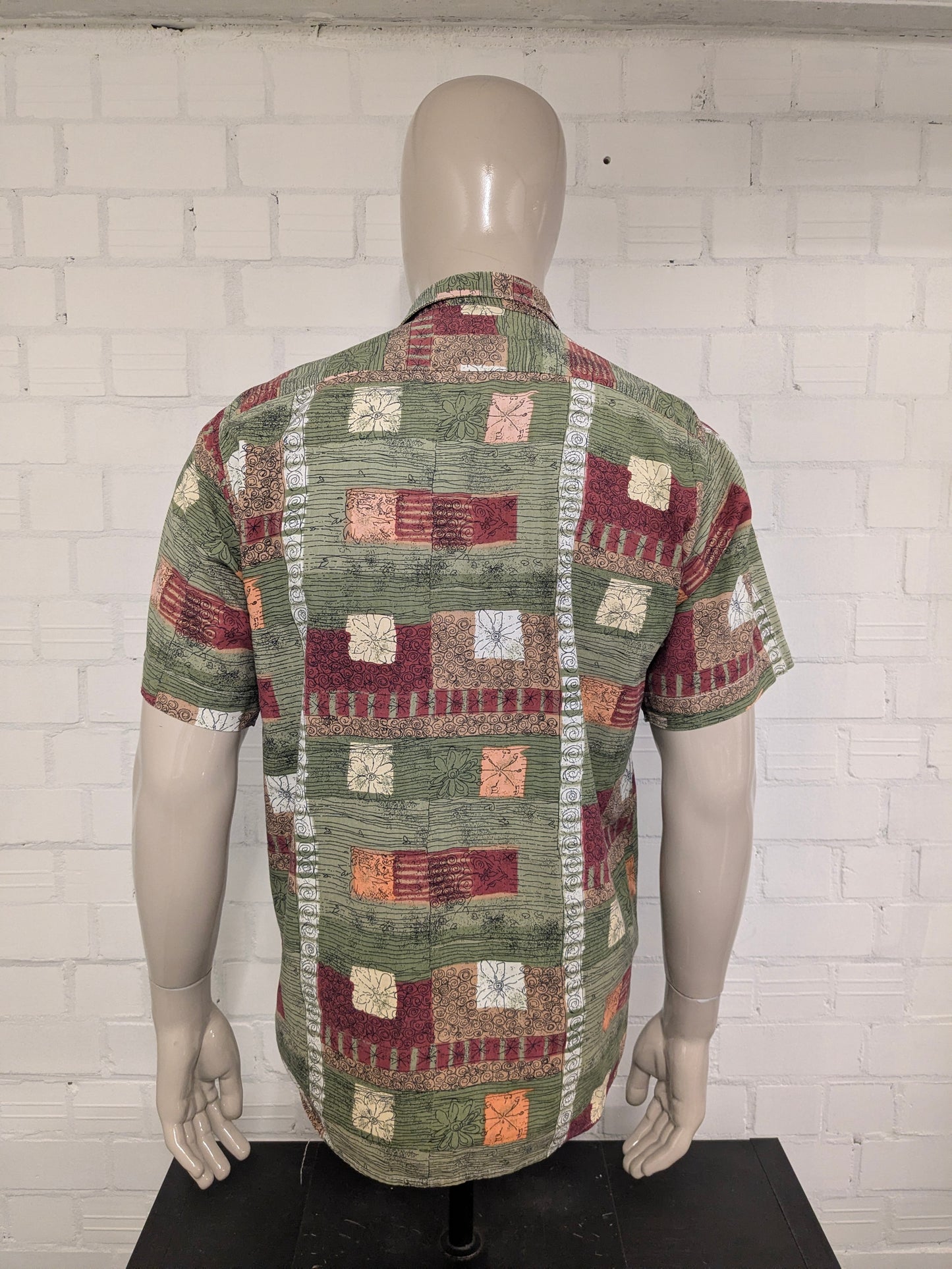 Vintage Marcello overhemd korte mouw. Groen Rood Roze Bruine print. Maat L.