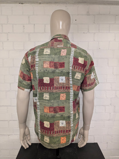 Vintage Marcello overhemd korte mouw. Groen Rood Roze Bruine print. Maat L.