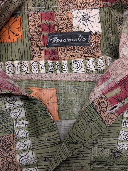 Vintage Marcello overhemd korte mouw. Groen Rood Roze Bruine print. Maat L.