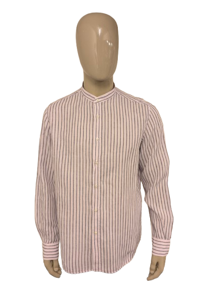 Massimo Dutti Linnen overhemd met mao, boeren-, korte kraag. Licht Roze Blauw gestreept. Maat XL.