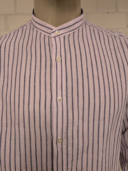 Massimo Dutti Linnen overhemd met mao, boeren-, korte kraag. Licht Roze Blauw gestreept. Maat XL.
