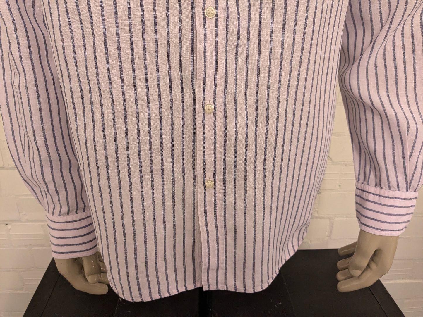 Massimo Dutti Linnen overhemd met mao, boeren-, korte kraag. Licht Roze Blauw gestreept. Maat XL.