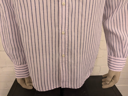 Massimo Dutti Linnen overhemd met mao, boeren-, korte kraag. Licht Roze Blauw gestreept. Maat XL.