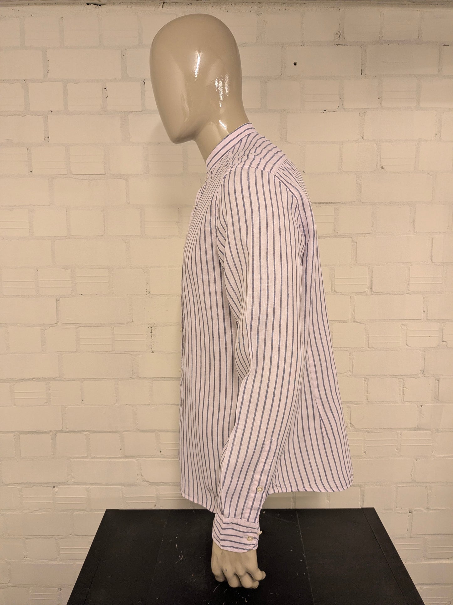 Massimo Dutti Linnen overhemd met mao, boeren-, korte kraag. Licht Roze Blauw gestreept. Maat XL.