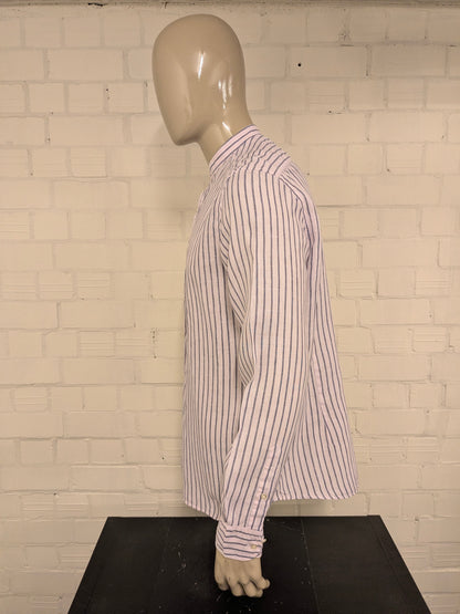 Massimo Dutti Linnen overhemd met mao, boeren-, korte kraag. Licht Roze Blauw gestreept. Maat XL.