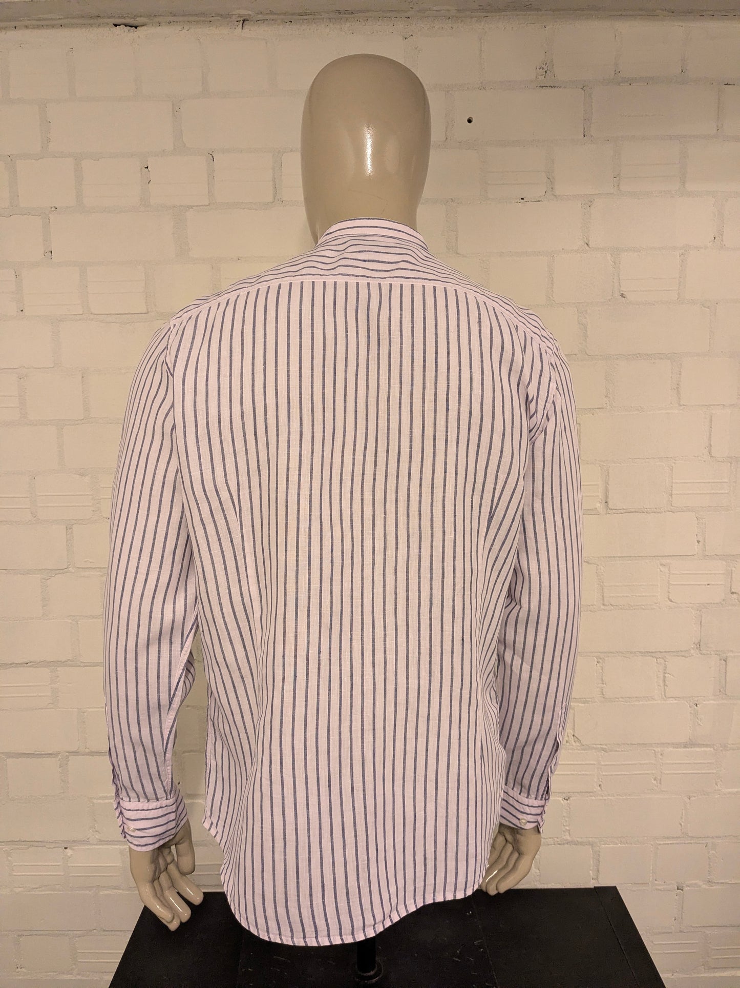 Massimo Dutti Linnen overhemd met mao, boeren-, korte kraag. Licht Roze Blauw gestreept. Maat XL.