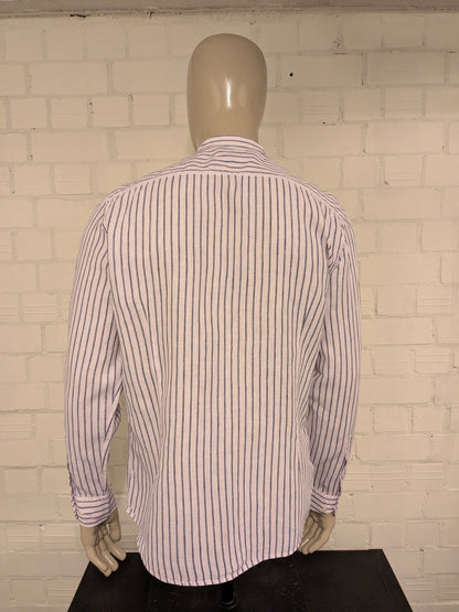Massimo Dutti Linnen overhemd met mao, boeren-, korte kraag. Licht Roze Blauw gestreept. Maat XL.