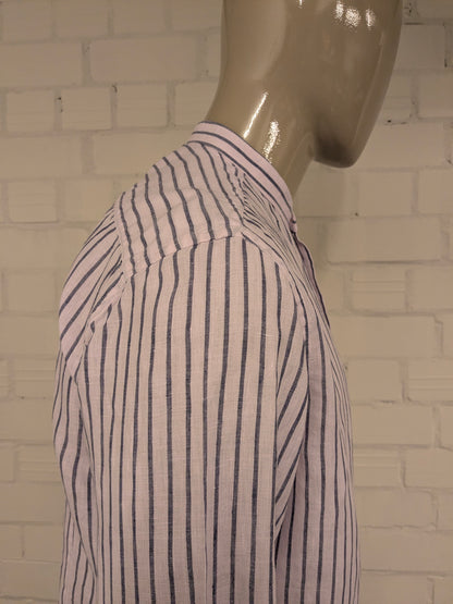Massimo Dutti Linnen overhemd met mao, boeren-, korte kraag. Licht Roze Blauw gestreept. Maat XL.