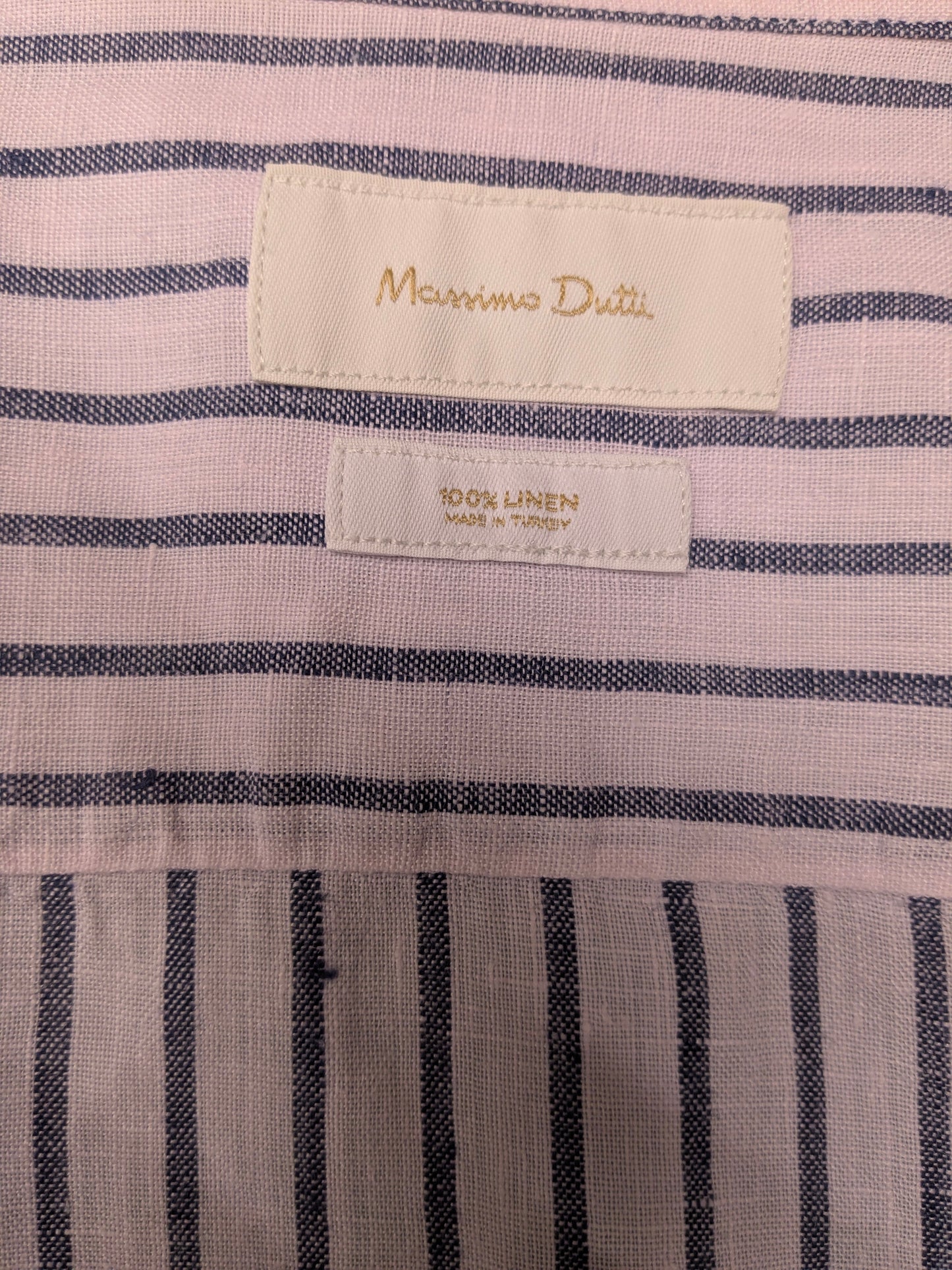 Massimo Dutti Linnen overhemd met mao, boeren-, korte kraag. Licht Roze Blauw gestreept. Maat XL.