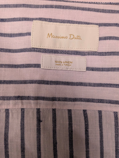 Massimo Dutti Linnen overhemd met mao, boeren-, korte kraag. Licht Roze Blauw gestreept. Maat XL.