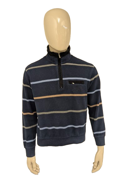 Pull Monte Carlo avec fermeture éclair. Bleu marron gris rayé. Taille M.