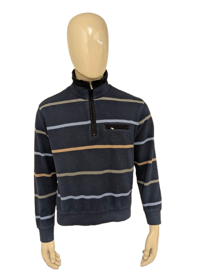 Monte Carlo trui met rits. Blauw Bruin Grijs gestreept. Maat M.