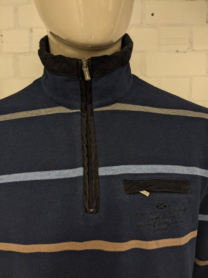Monte Carlo trui met rits. Blauw Bruin Grijs gestreept. Maat M.
