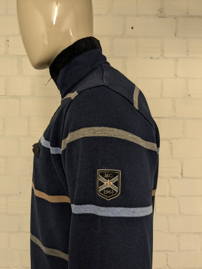 Monte Carlo trui met rits. Blauw Bruin Grijs gestreept. Maat M.