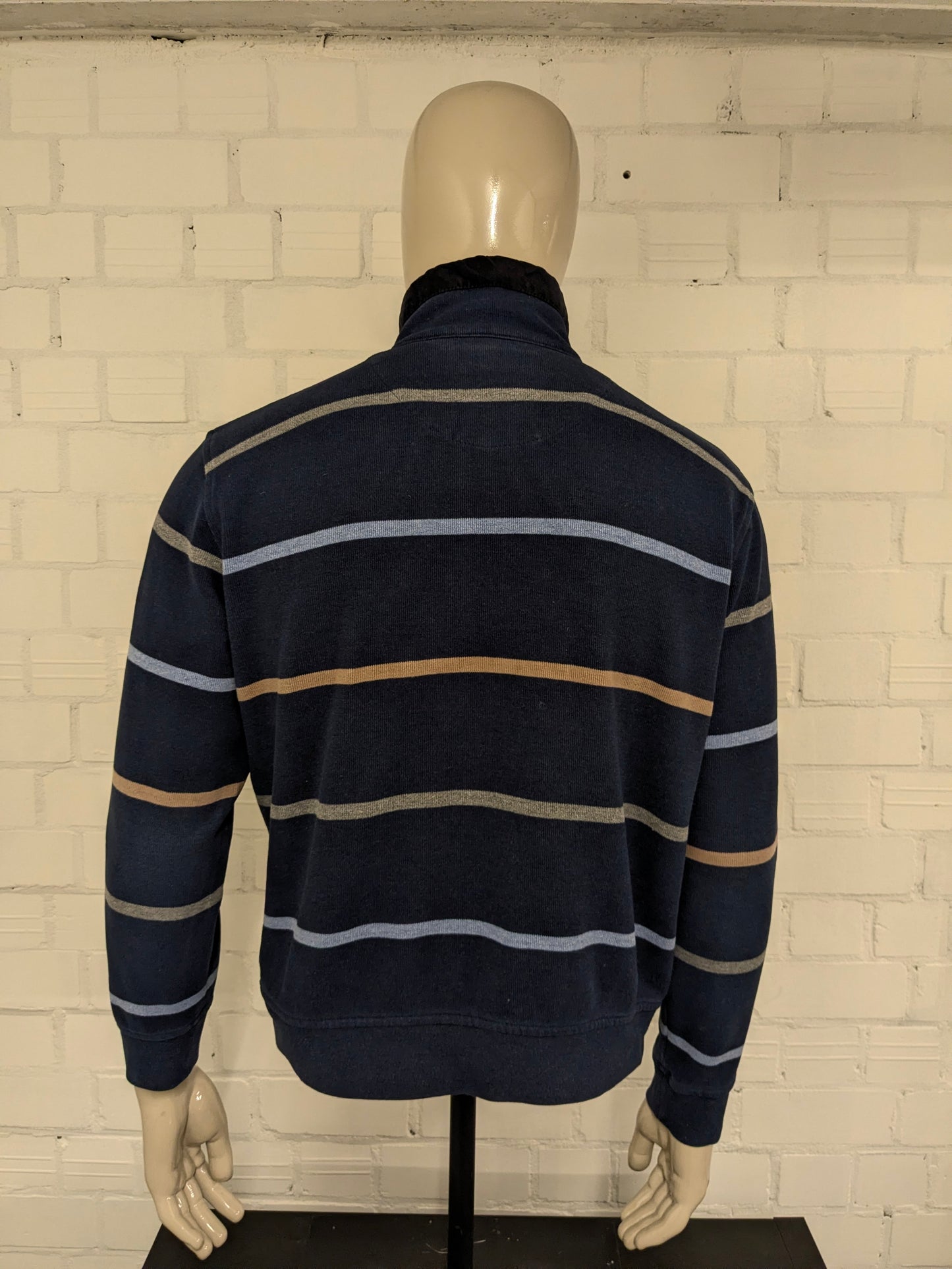 Monte Carlo trui met rits. Blauw Bruin Grijs gestreept. Maat M.