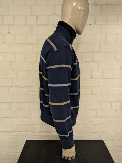 Monte Carlo trui met rits. Blauw Bruin Grijs gestreept. Maat M.