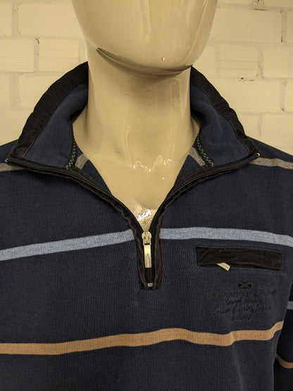 Monte Carlo trui met rits. Blauw Bruin Grijs gestreept. Maat M.