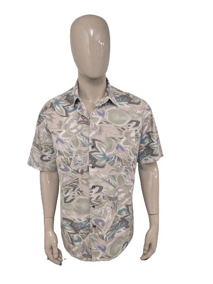 Vintage 80er - 90er C&A Kurzarmhemd. Grün-Lila-Beige-Druck. Größe XL.