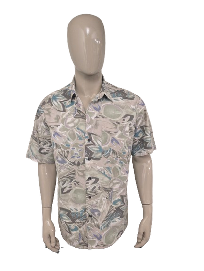 Vintage 80- 90's C&A overhemd korte mouw. Groen Paars Beige print. Maat XL.