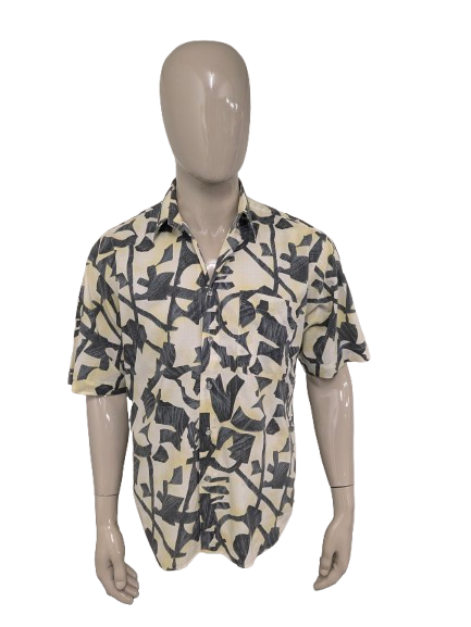 Vintage 80-90's Let's Go overhemd korte mouw. Geel Grijs gekleurd. Maat XL.