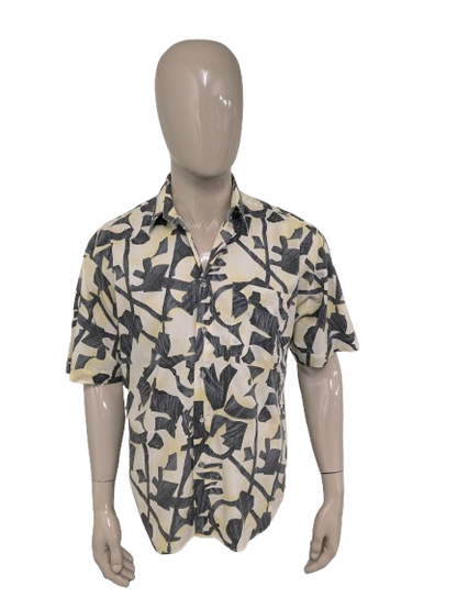 Vintage 80-90's Let's Go overhemd korte mouw. Geel Grijs gekleurd. Maat XL.