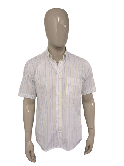 Vintage G by George overhemd korte mouw. Geel Blauw Groen gestreept. Maat L.