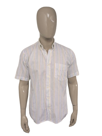 Vintage G by George overhemd korte mouw. Geel Blauw Groen gestreept. Maat L.