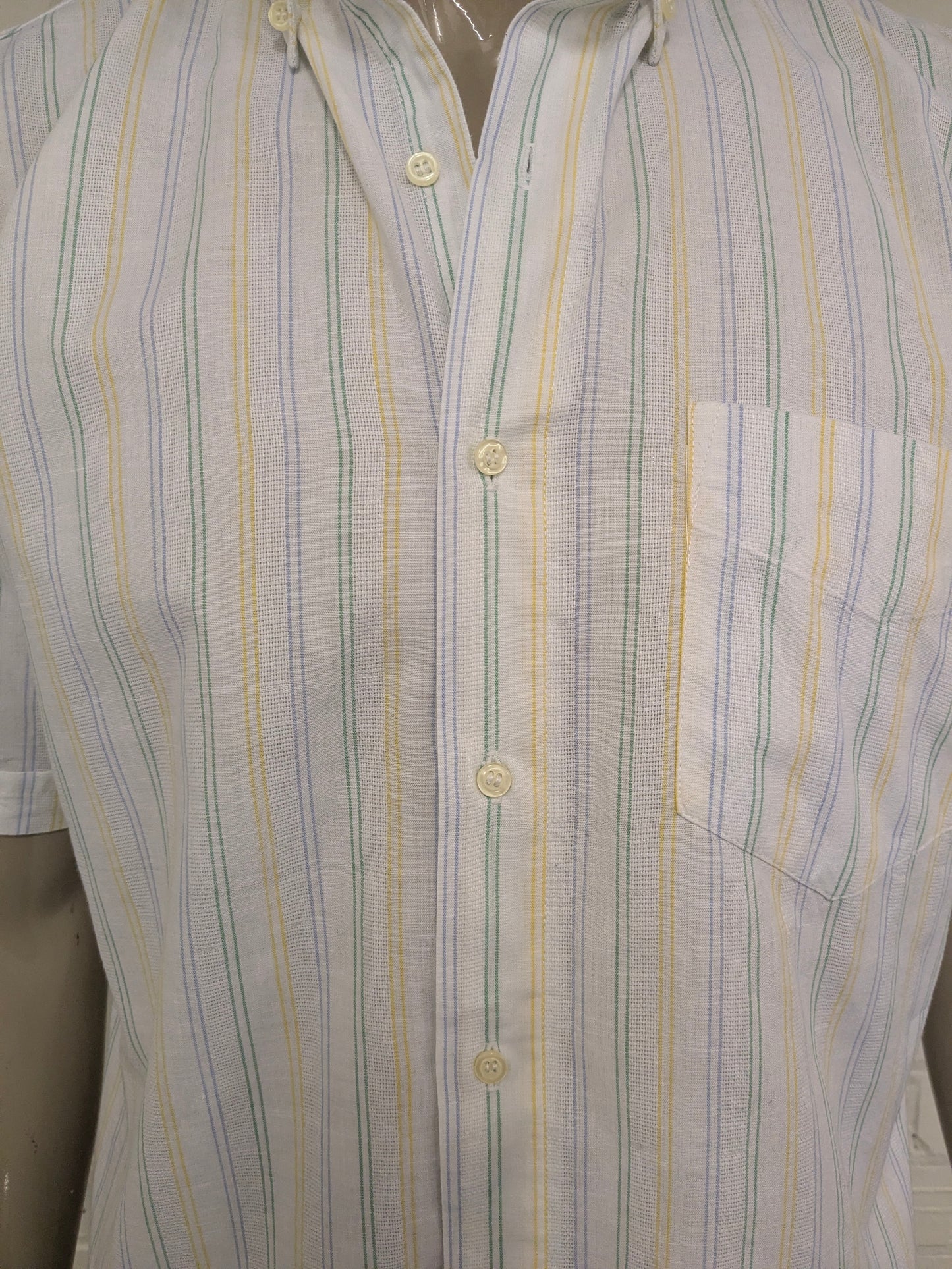 Vintage G by George overhemd korte mouw. Geel Blauw Groen gestreept. Maat L.