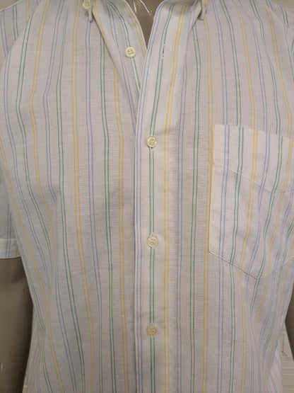 Vintage G by George overhemd korte mouw. Geel Blauw Groen gestreept. Maat L.