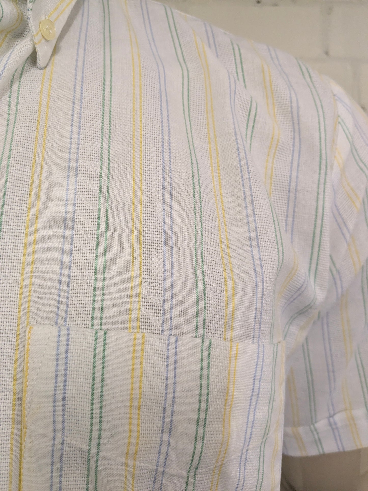 Vintage G by George overhemd korte mouw. Geel Blauw Groen gestreept. Maat L.